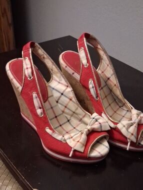 Coach Red and Cream Plaid Slingback Wedge Sandals